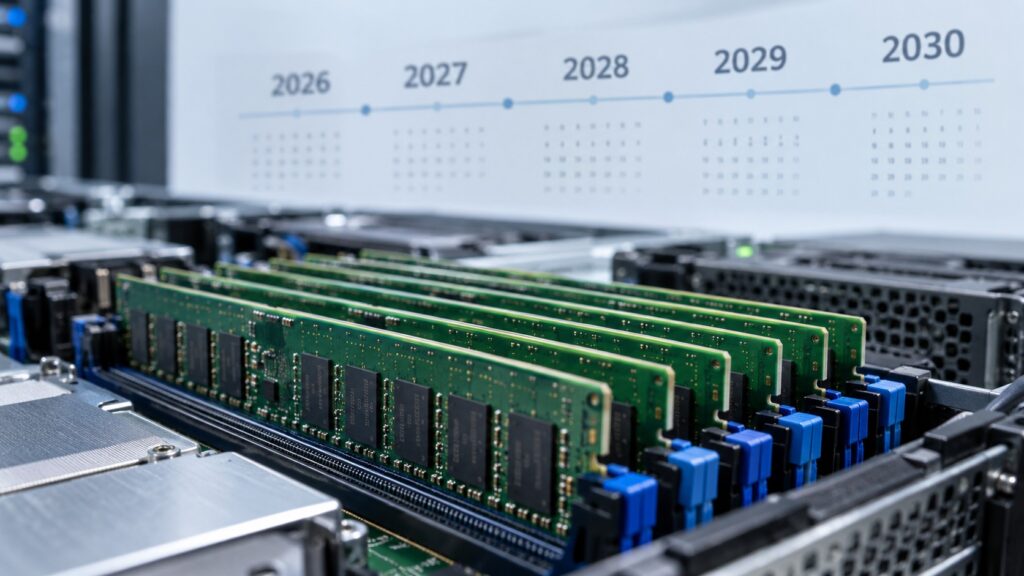 Server memory modules installed in a data-center server, illustrating forecasts of how long the memory shortage will last.